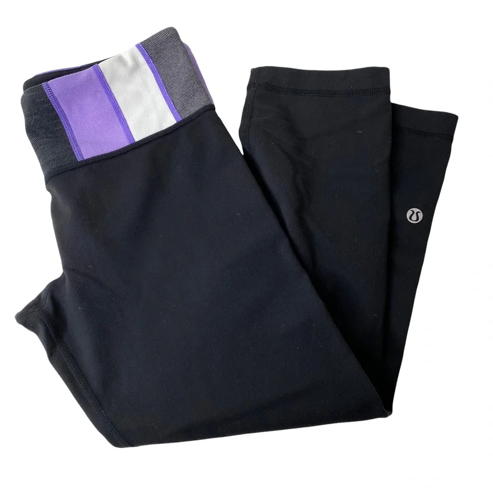 Lululemon Athletica Wunder Unders Pique Waistband Purple Stripe Cropped Size 6 - Picture 2 of 4